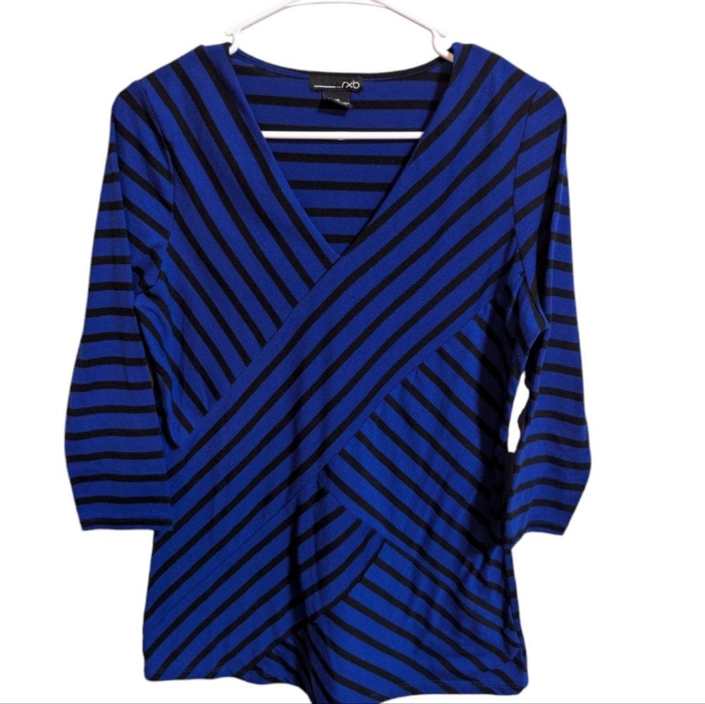 Rxb women's top blue black stripes medium v neck w-519